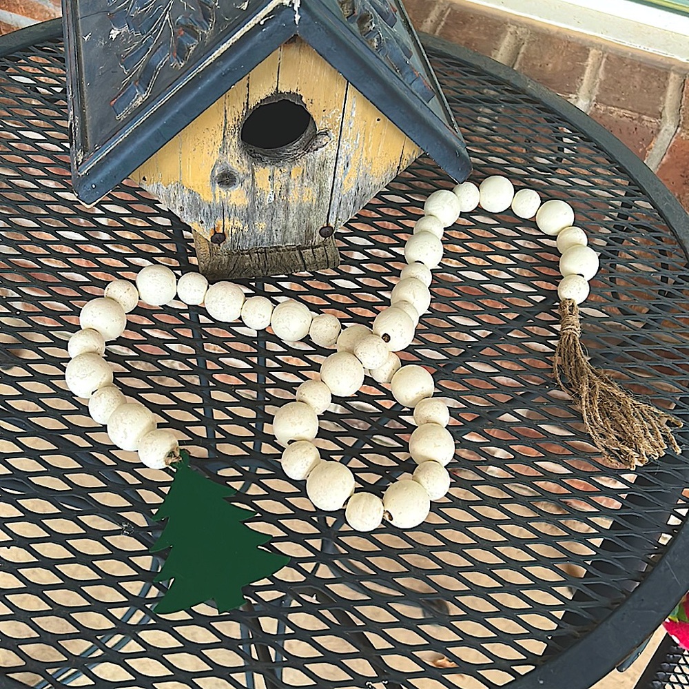 Farmhouse decor handmade wooden beads~white distressed with green tree 🌲